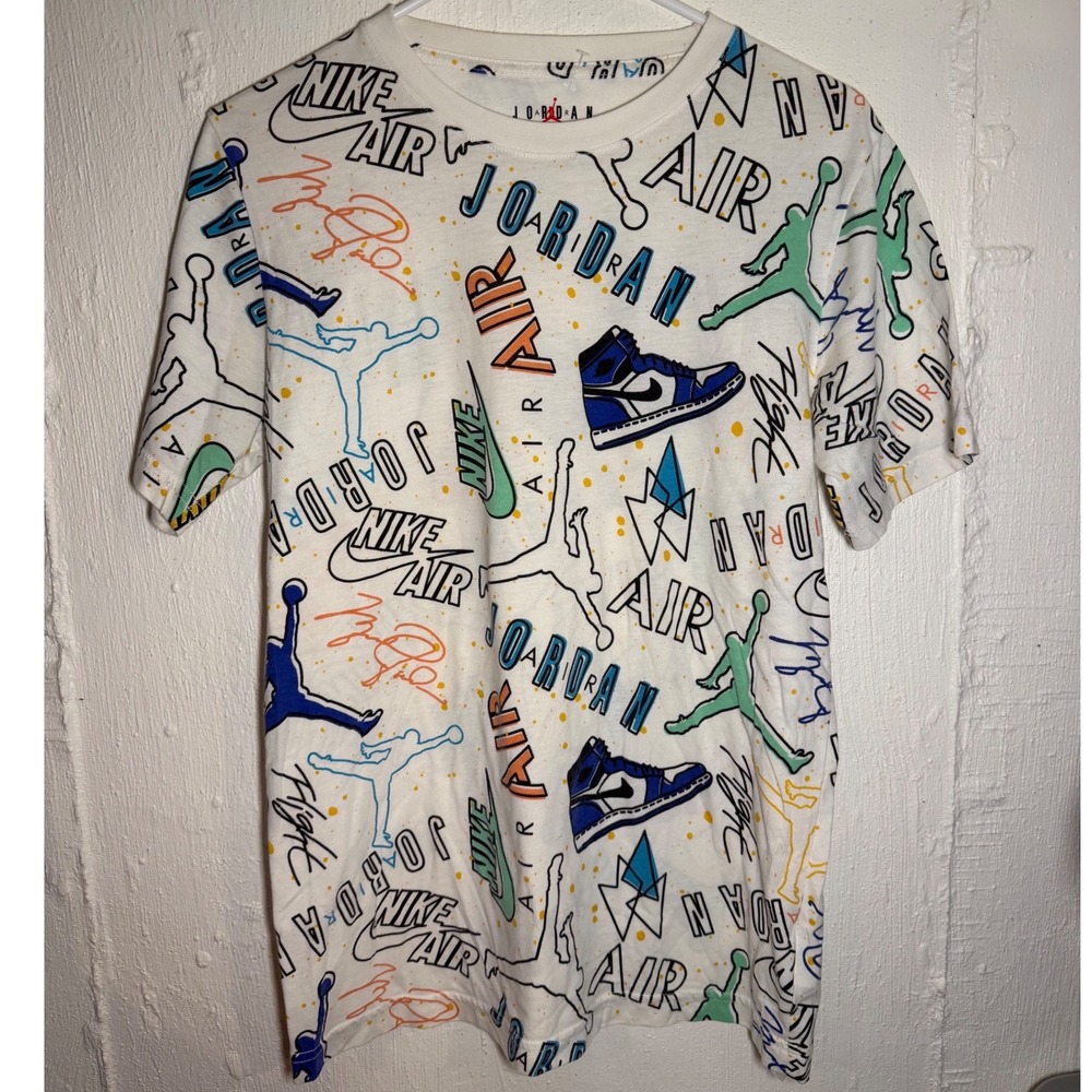 Jordan Boys All Over Print T-Shirt White Multi Color Jumpman Nike Air XL 13-15Y